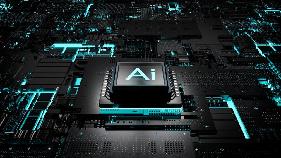 AI letters on a chip on a server board. 